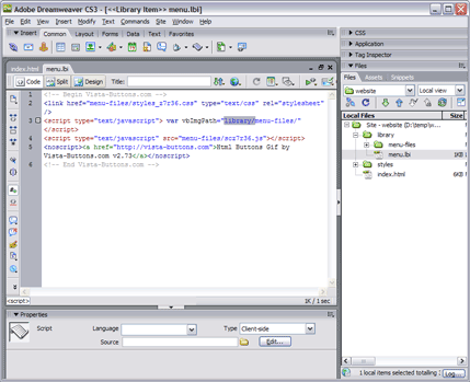 Add menu code to a library in Dreamweaver